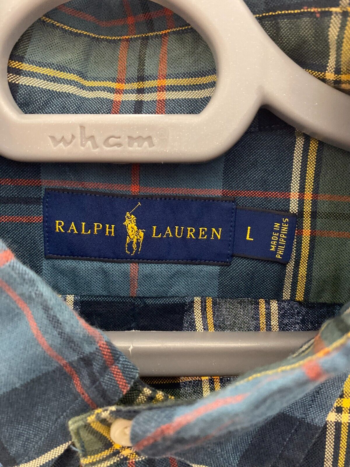 Ralph Lauren Shirt Mens Large Blue Plaid Long Sleeve Small Orange Polo Pony Logo