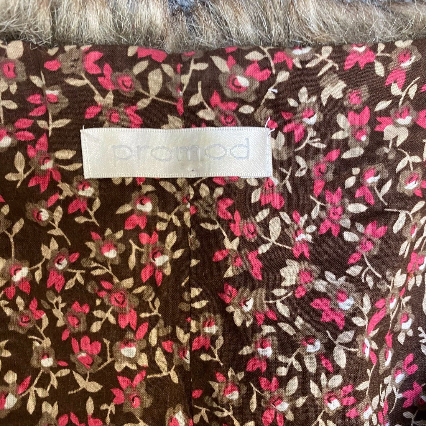 Promod Faux Fur Vest Womens Small Brown Floral Lined Boho Chic Sleeveless V Neck