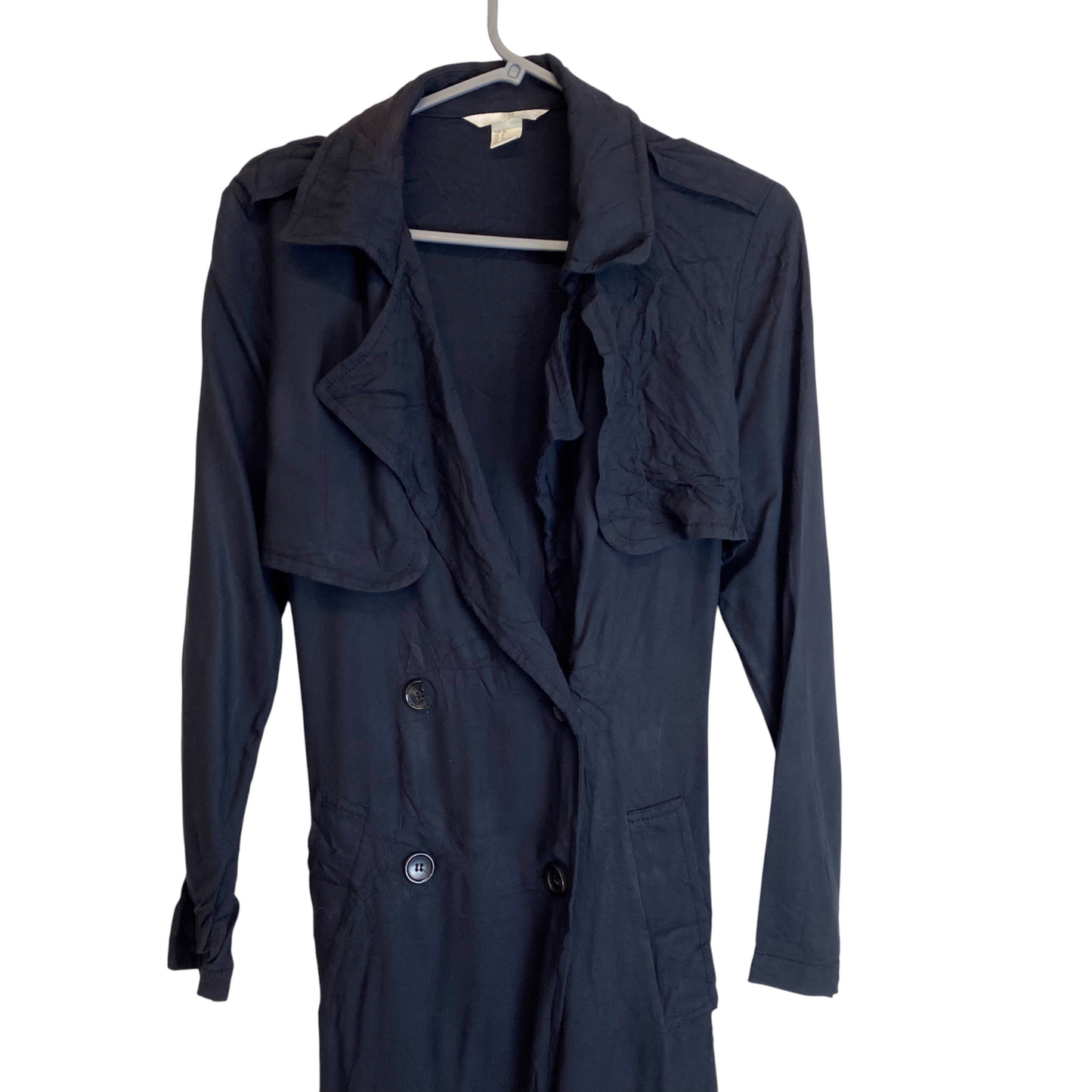 H&M Trench Coat Womens S Blue Pockets Long Sleeve Belted Button Front Outdoor