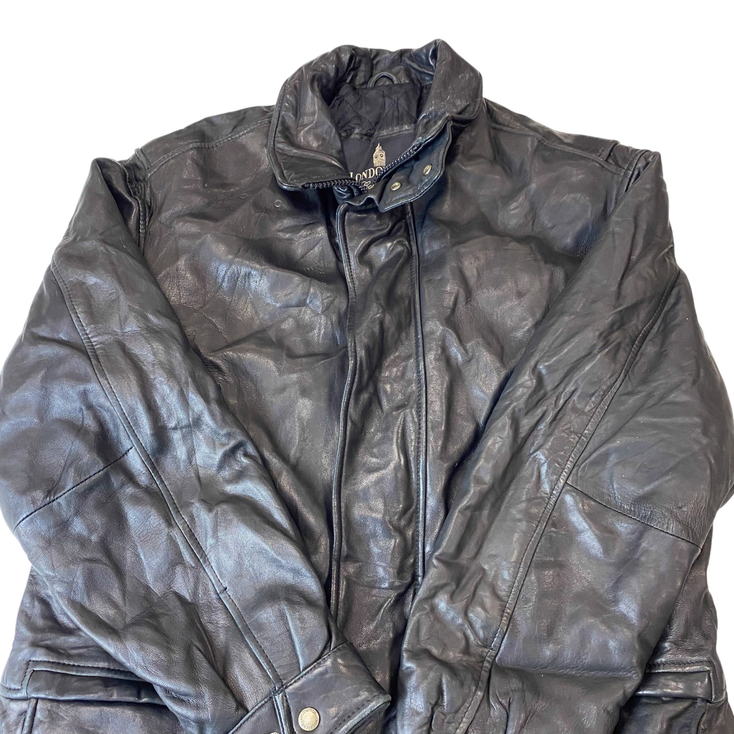 London Fog Jacket Mens M Black Genuine Leather Detail Pocket Full Zip Outdoor