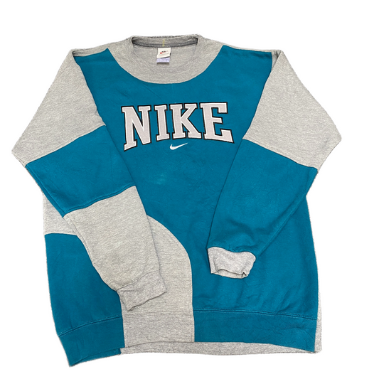 Nike Reworked Sweatshirt Mens Large Teal Grey Embroidered Spellout Logo Vtg Y2K