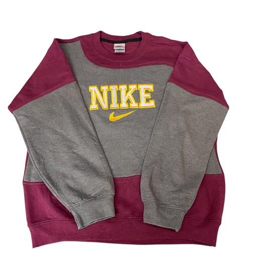 Nike Reworked Sweatshirt Mens M Burgundy Grey Embroidered Spellout Logo Vtg Y2K