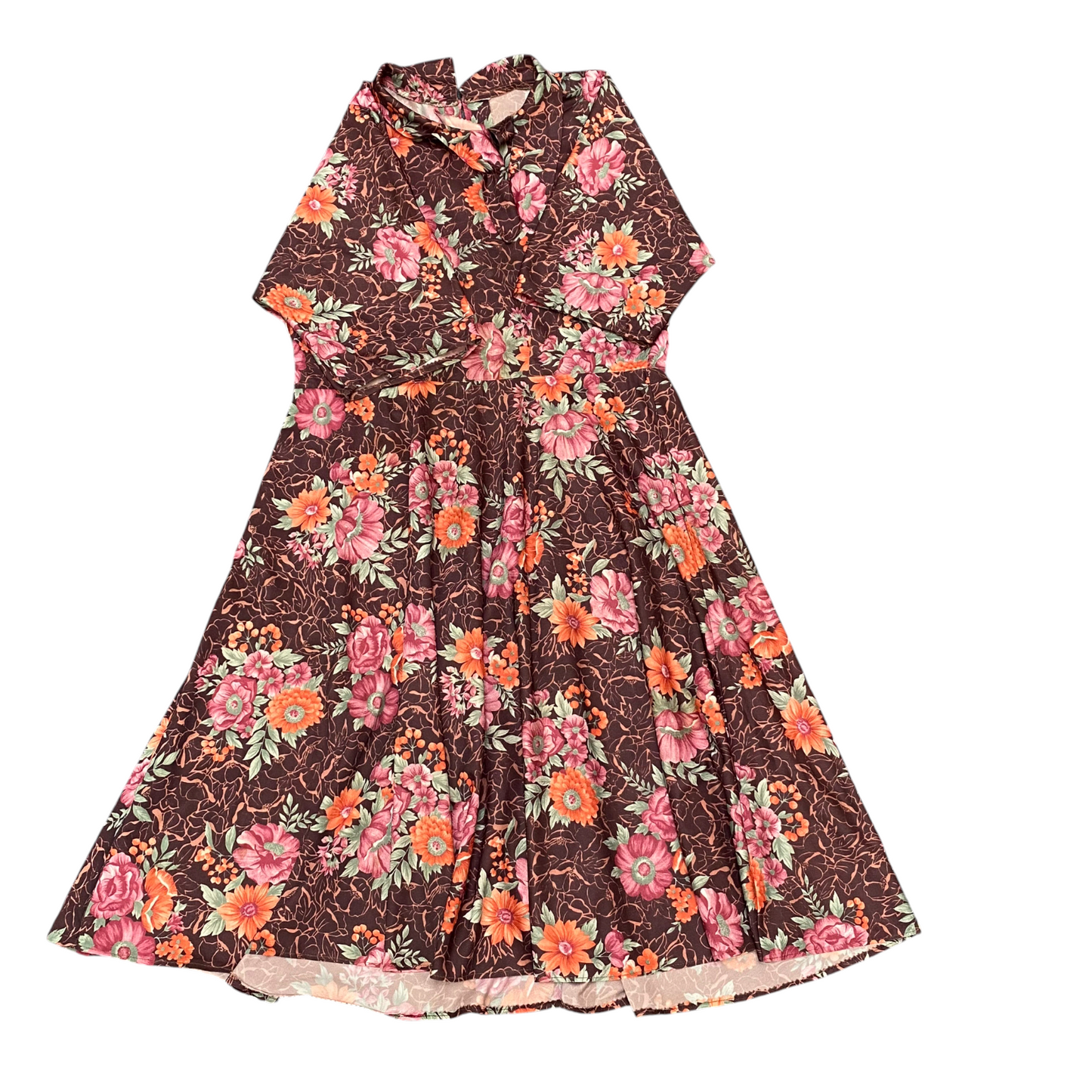 Womens Maxi Dress Womens L Brown Floral Short Sleeve Flare Hem Pullover Outdoor