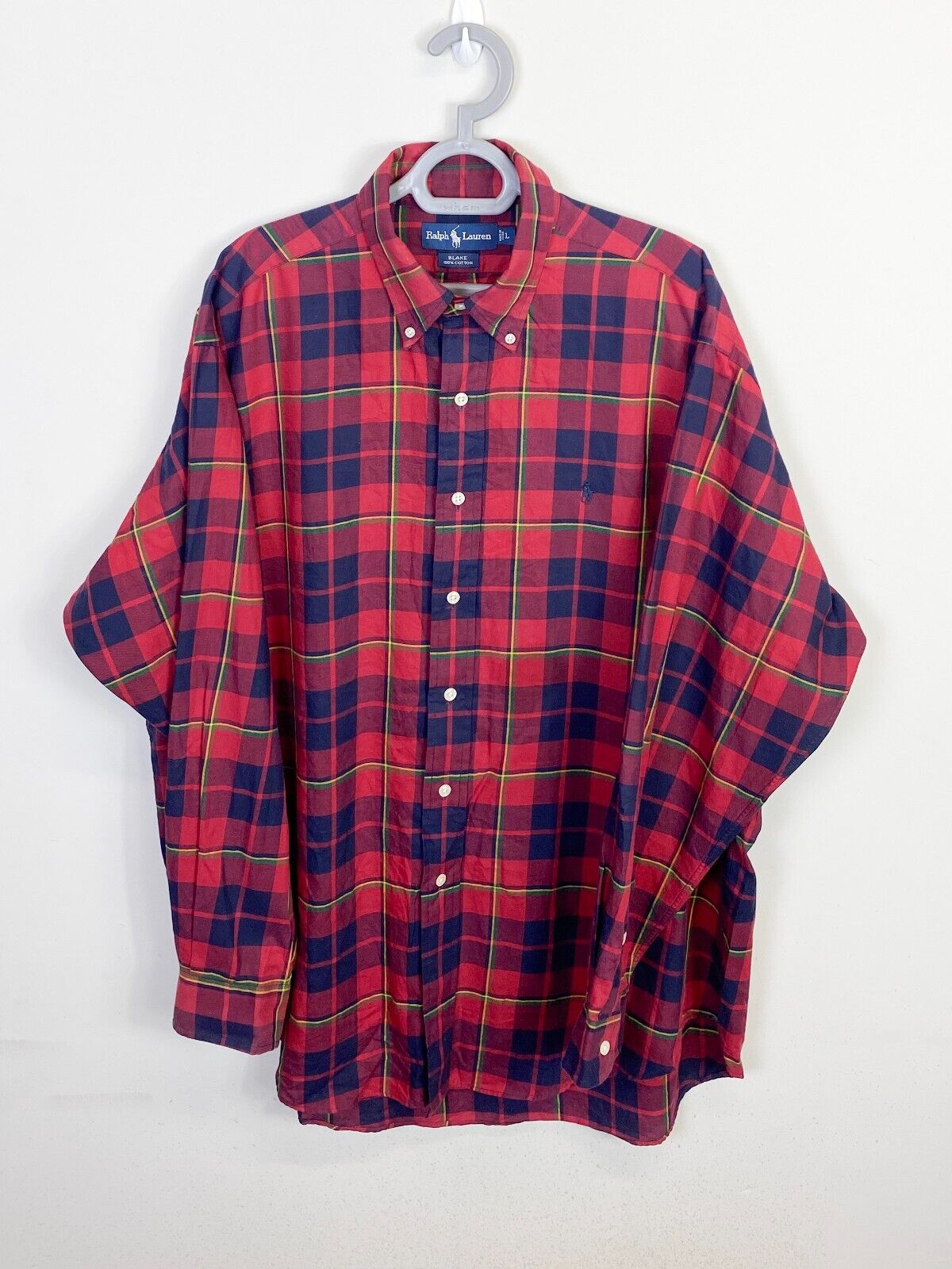 Ralph Lauren Shirt Mens Large Red Blake Cotton Plaid Blue Small Polo Pony Logo