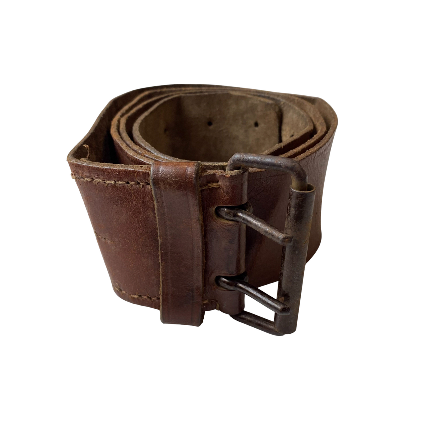 Men French Army Waist Belt Brown Leather Adjustable Double Pin Buckle Size 37 in