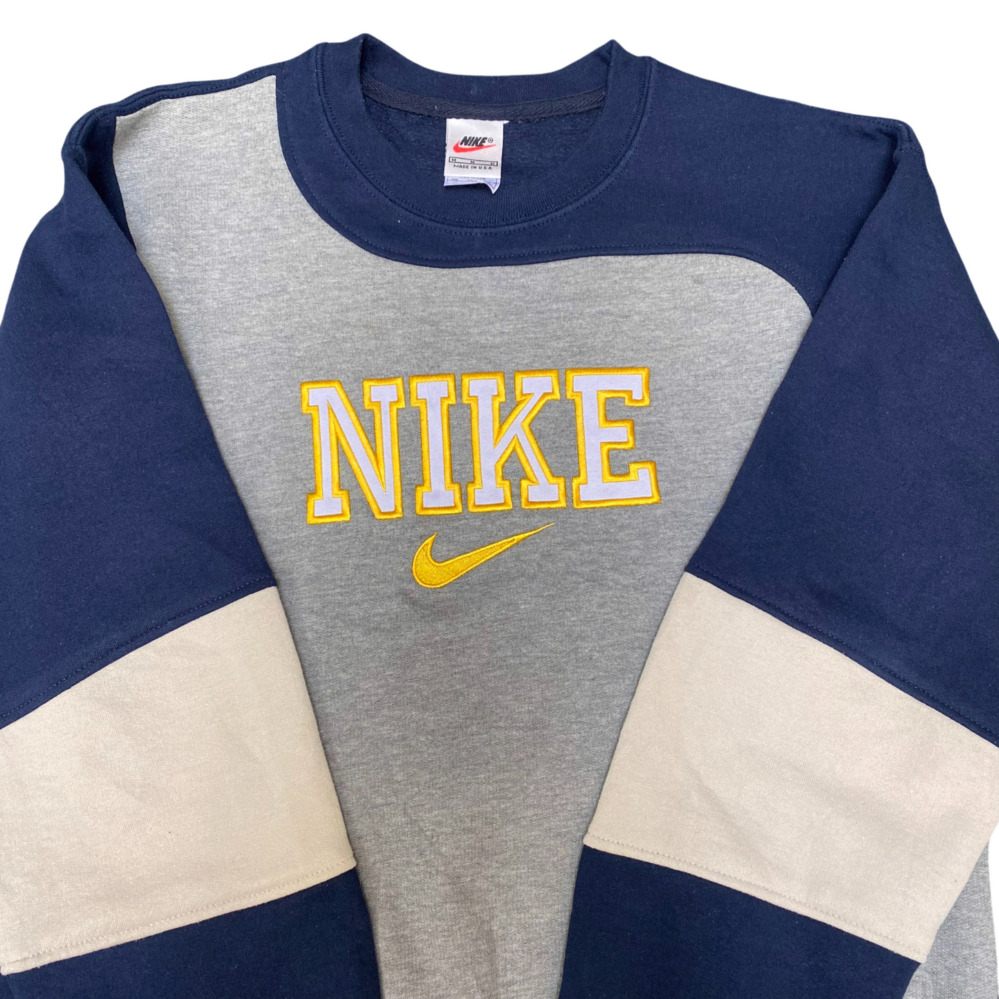 Nike Reworked Sweatshirt Mens Medium Blue Grey Embroidered Spell Out Logo Y2K
