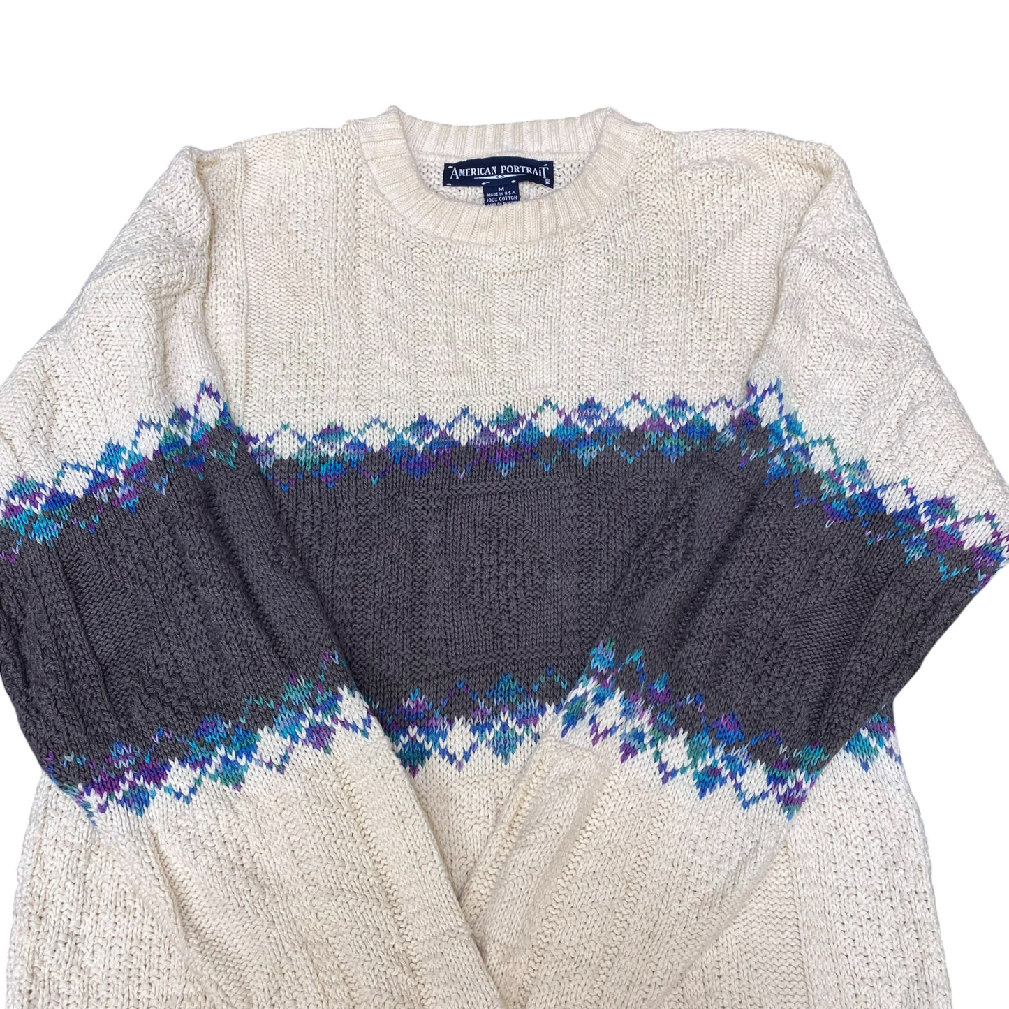 American Portrait Jumper Womens Medium White Grey Knit Crew Neck Long Sleeve