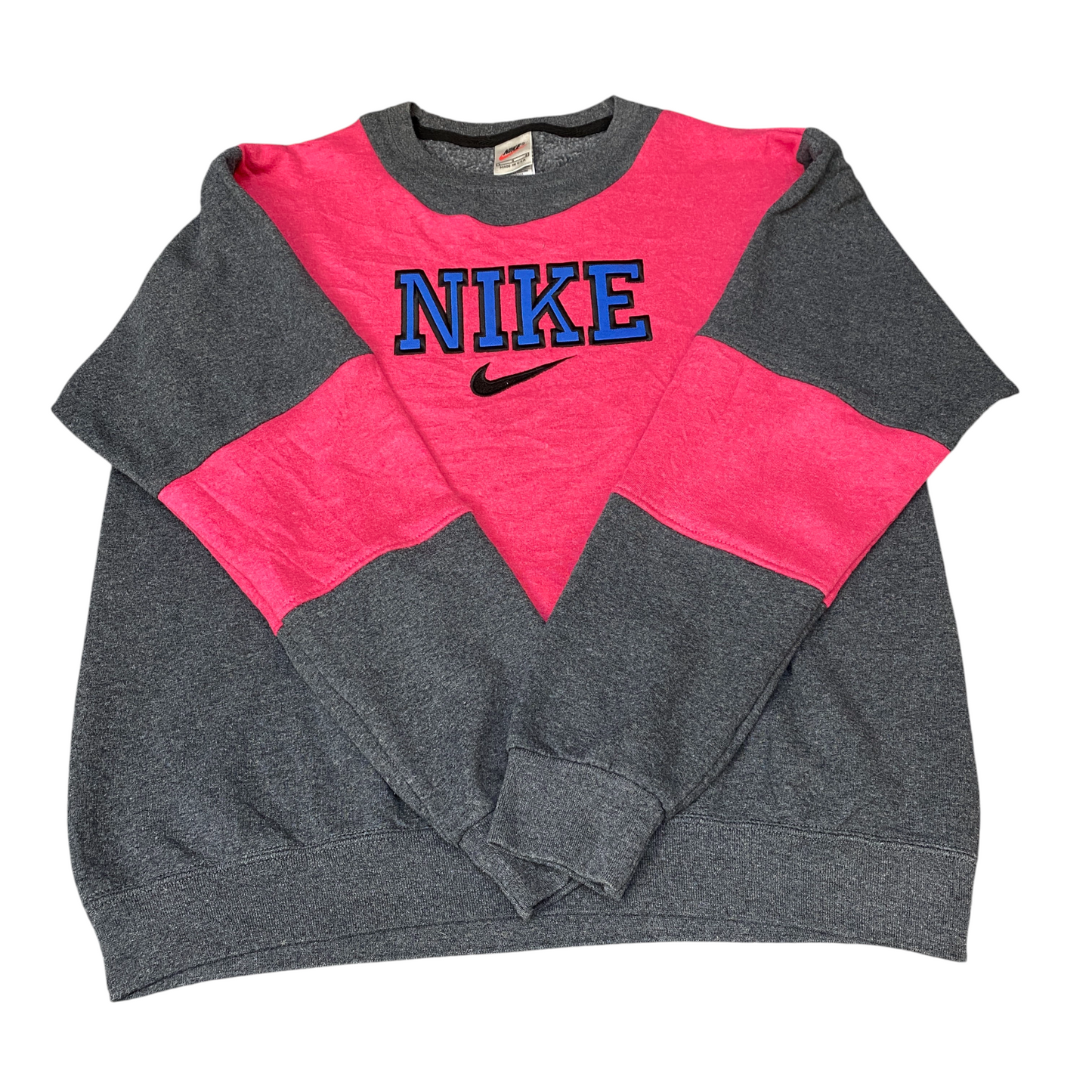 Nike Reworked Sweatshirt Mens L Pink Grey Embroidered Spellout Logo Vintage Y2K