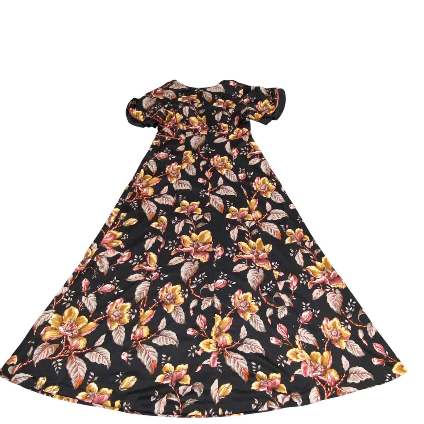 Long Maxi Dress Womens M Black Floral Casual Short Sleeve V-Neck Back Zipper