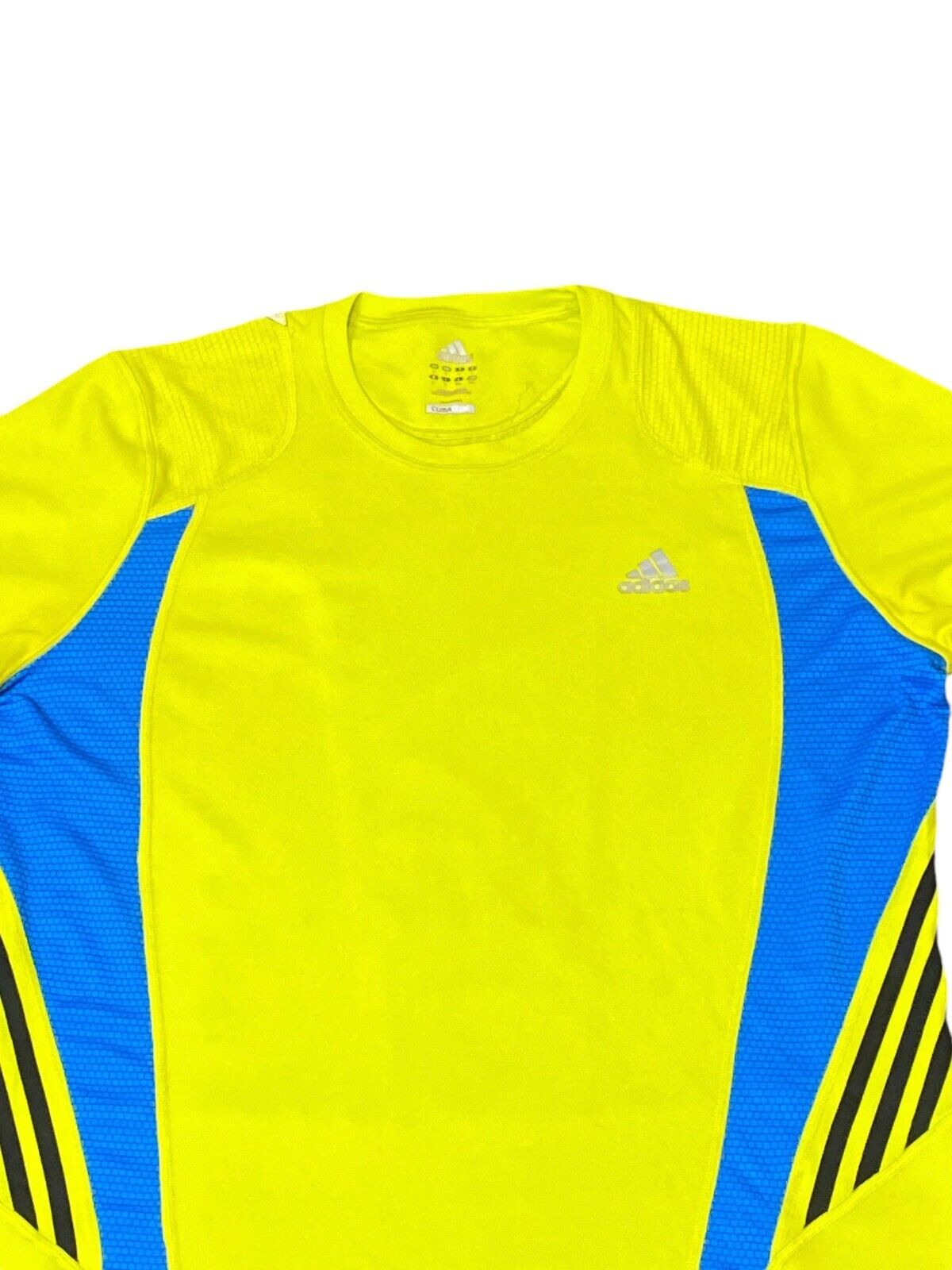 Adidas T-Shirt Womens Large Yellow Blue Logo Crew Neck Short Sleeve Pullover Tee