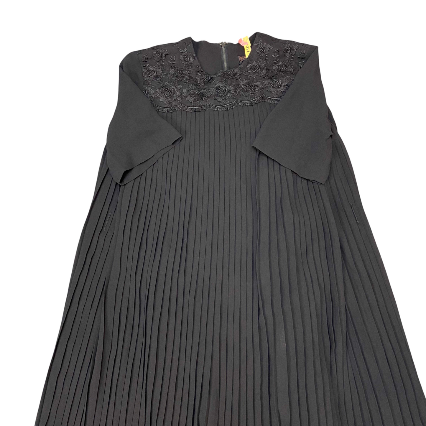 Womens Maxi Dress M Black Embroidered Pleated Short Sleeve Round Neck Back Zip