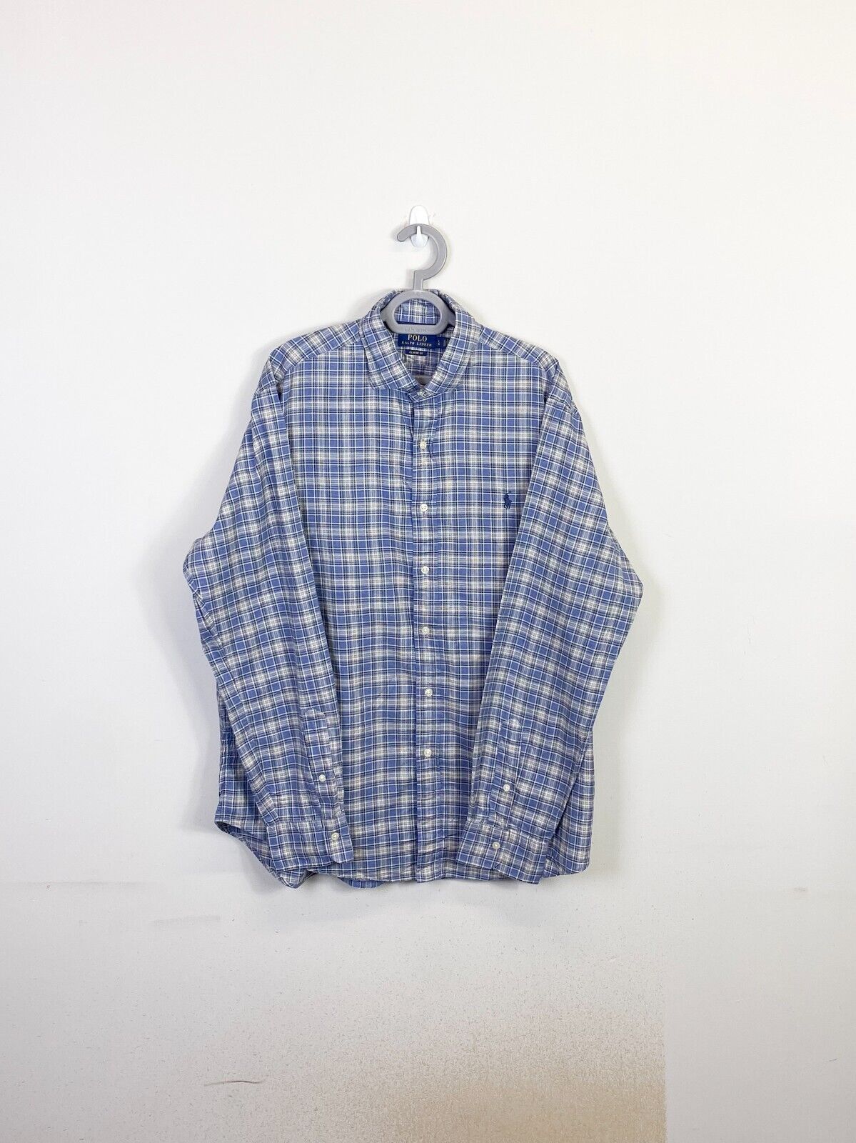 Ralph Lauren Shirt Mens Large Blue Plaid Classic Fit Small Blue Polo Pony Logo