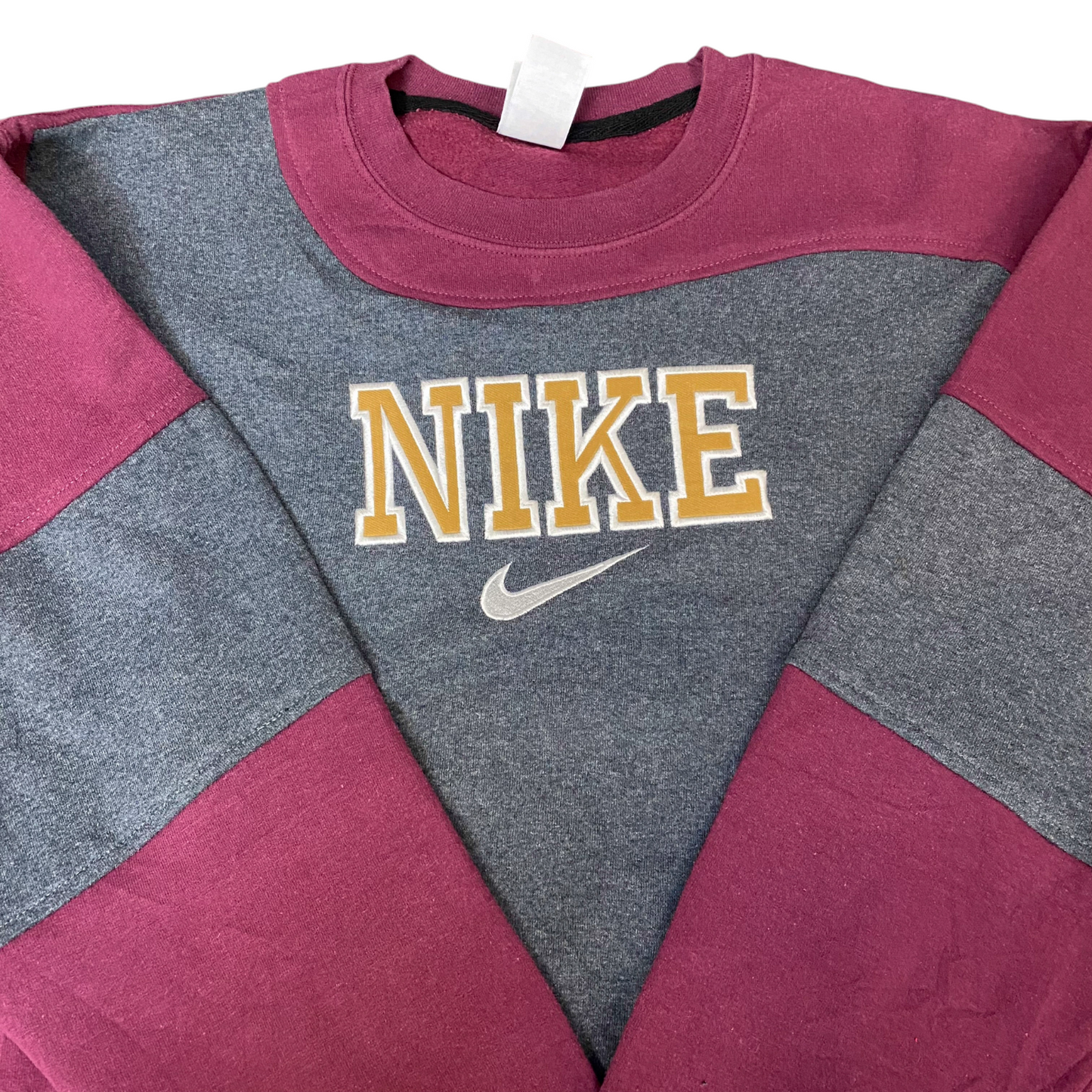 Nike Reworked Sweatshirt Mens L Burgundy Grey Embroidered Spellout Logo Vtg Y2K