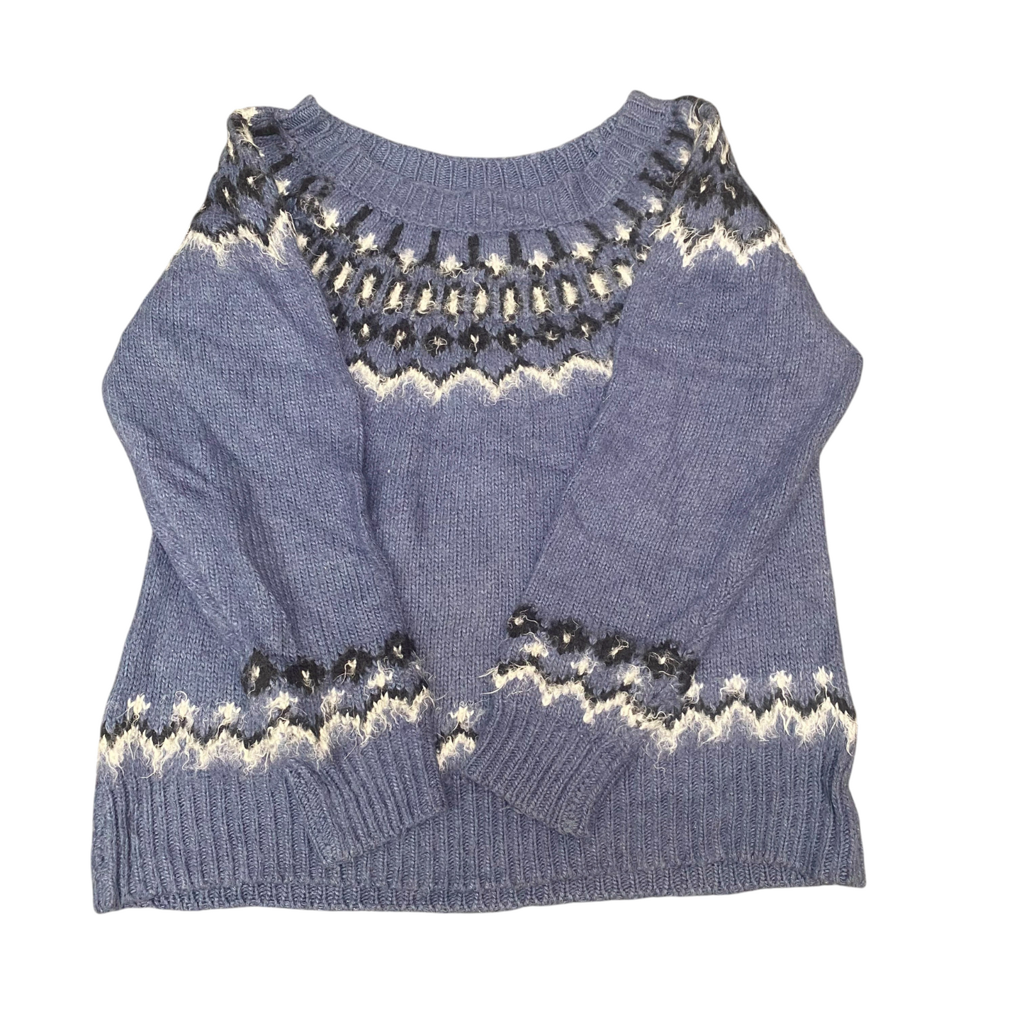 JEANASIS Jumper Womens Medium Blue Knit Nordic Print Boat Neck Casual Pullover