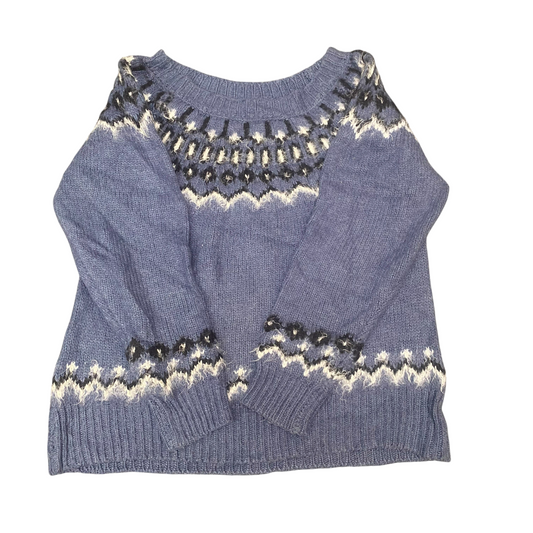 JEANASIS Jumper Womens Medium Blue Knit Nordic Print Boat Neck Casual Pullover