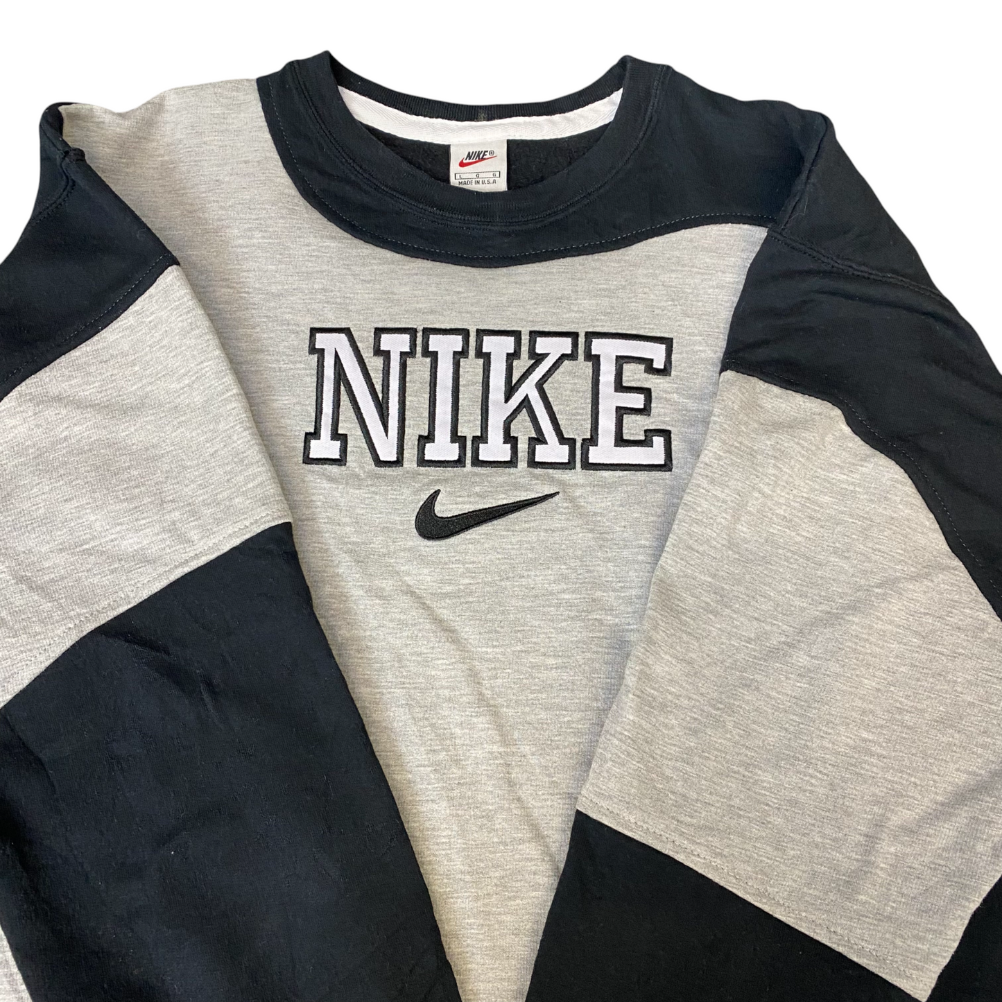 Nike Reworked Sweatshirt Mens Large Grey Black Embroidered Spellout Logo Vtg Y2K