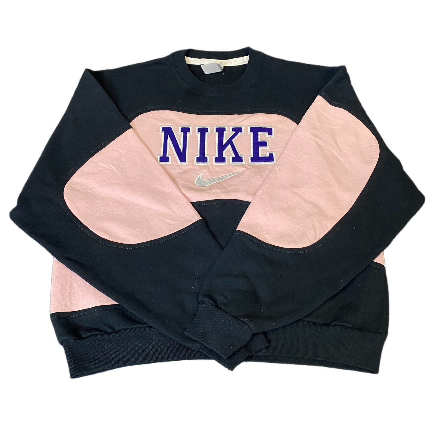 Nike Reworked Sweatshirt Mens S Black Pink Embroidered Spellout Logo Vintage Y2K