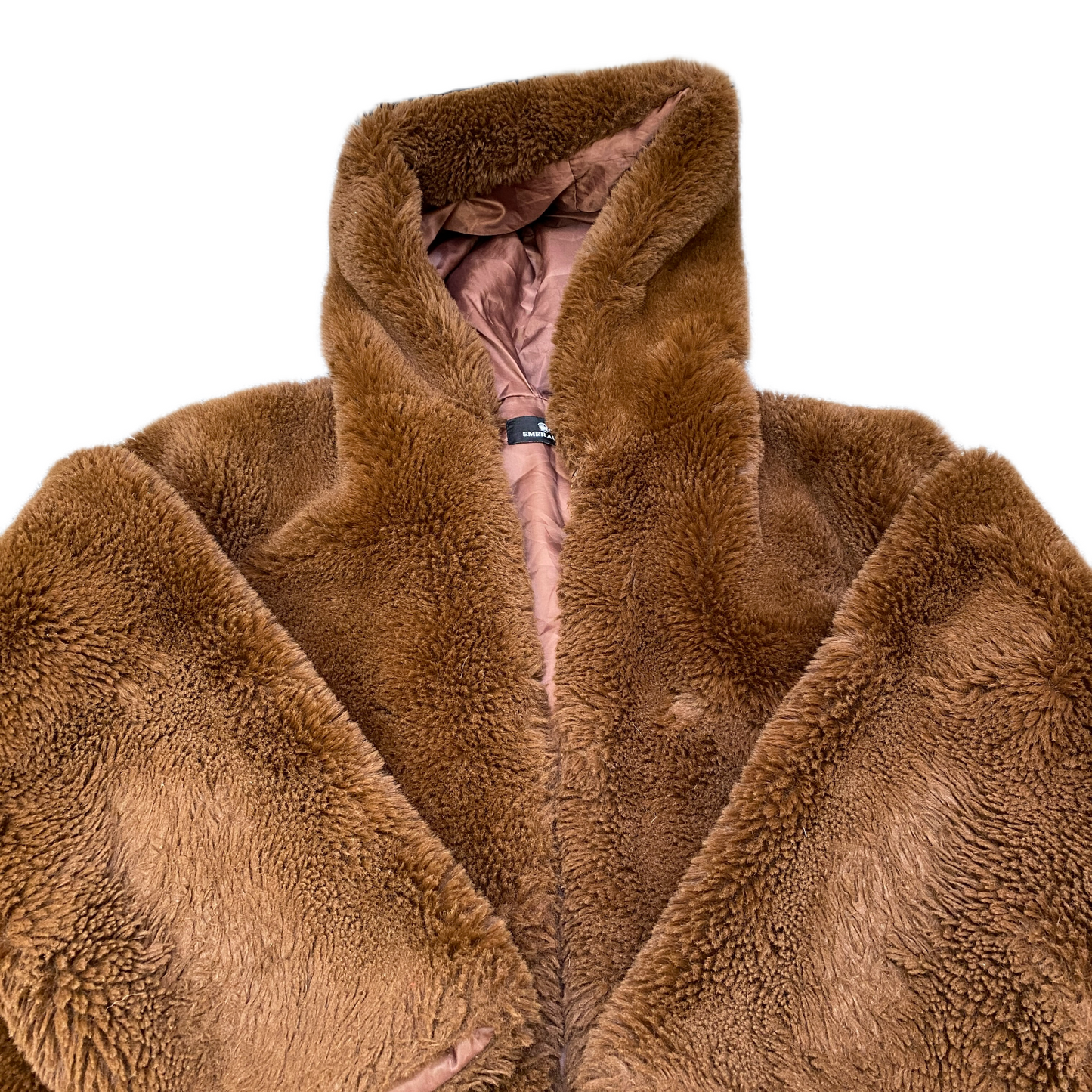 Emeraude Faux Fur Hooded Jacket Womens Large Brown Lined Long Sleeve Full Zipper