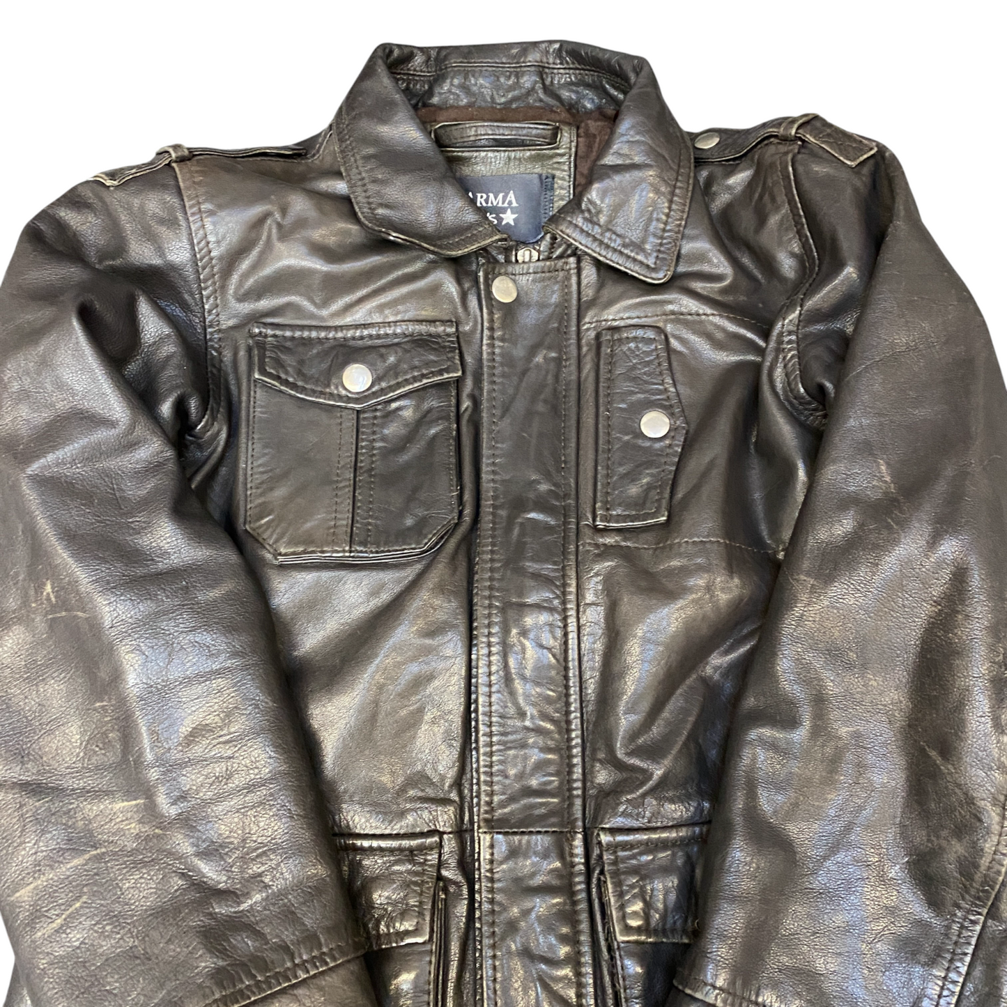 Arma Leather Jacket Boys Small Brown Long Sleeve Collared Snap Button Inside Zip