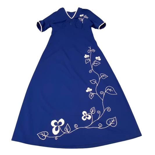 Long Maxi Dress Womens S Blue Embroidered Floral Short Sleeve V-Neck Pullover