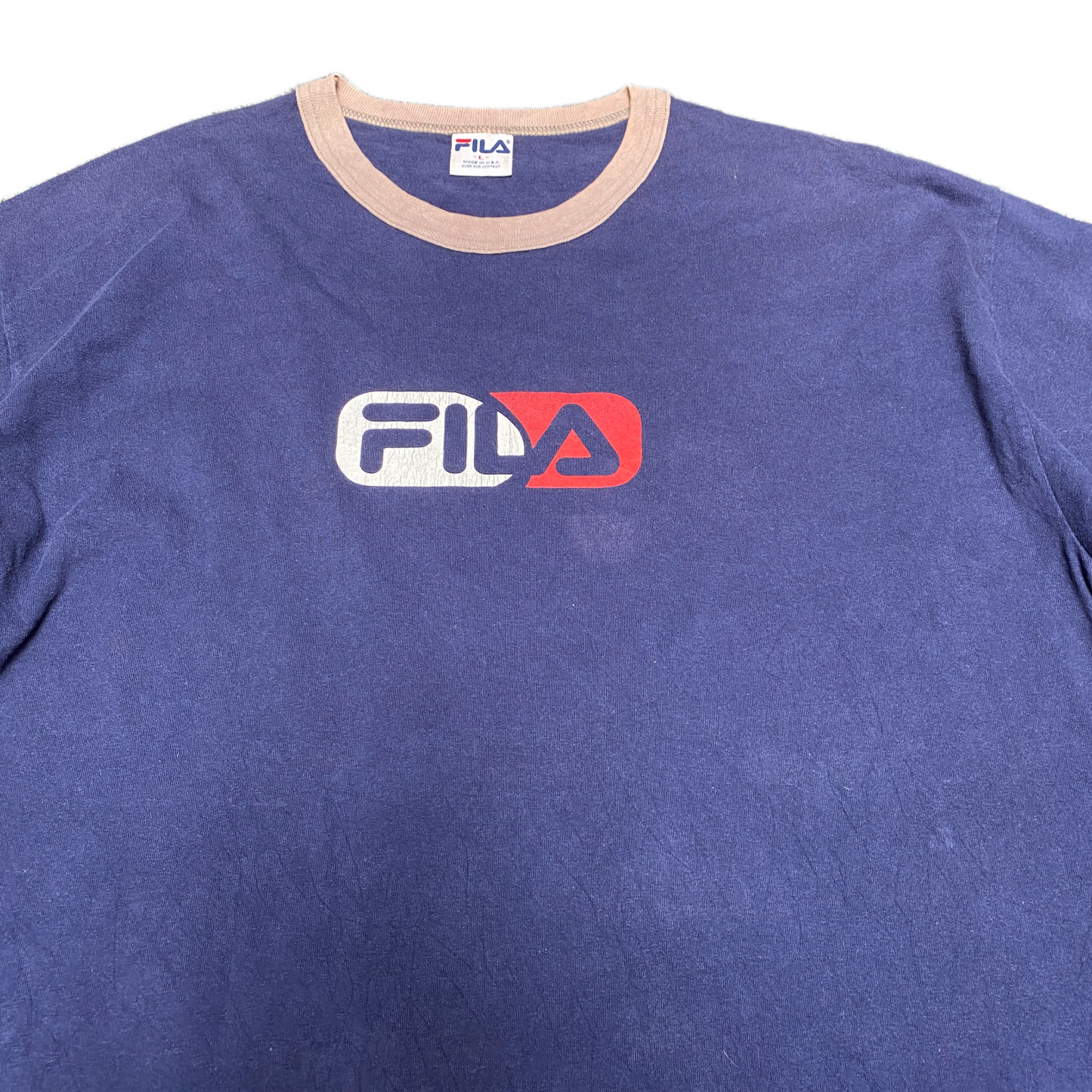 FILA T-Shirt Mens L Navy Graphic Logo Stretch Short Sleeve Crew Neck Pullover