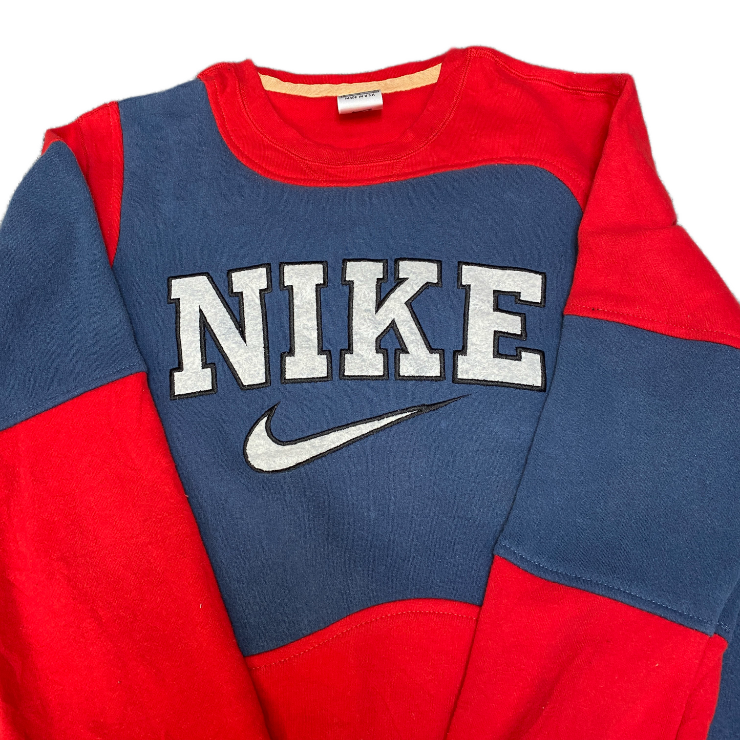 Nike Reworked Sweatshirt Mens S Red Blue Embroidered Spellout Logo Vintage Y2K