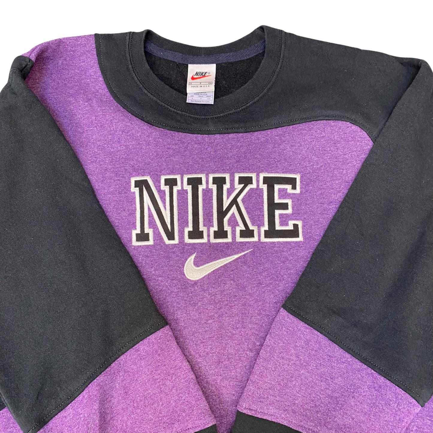 Nike Reworked Sweatshirt Mens Small Purple Black Embroidered Spell Out Logo Y2K