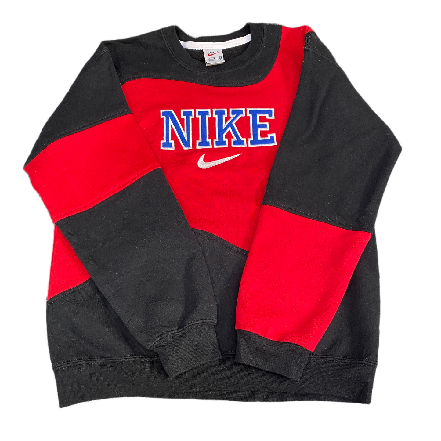 Nike Reworked Sweatshirt Mens M Red Black Embroidered Spellout Logo Vintage Y2K
