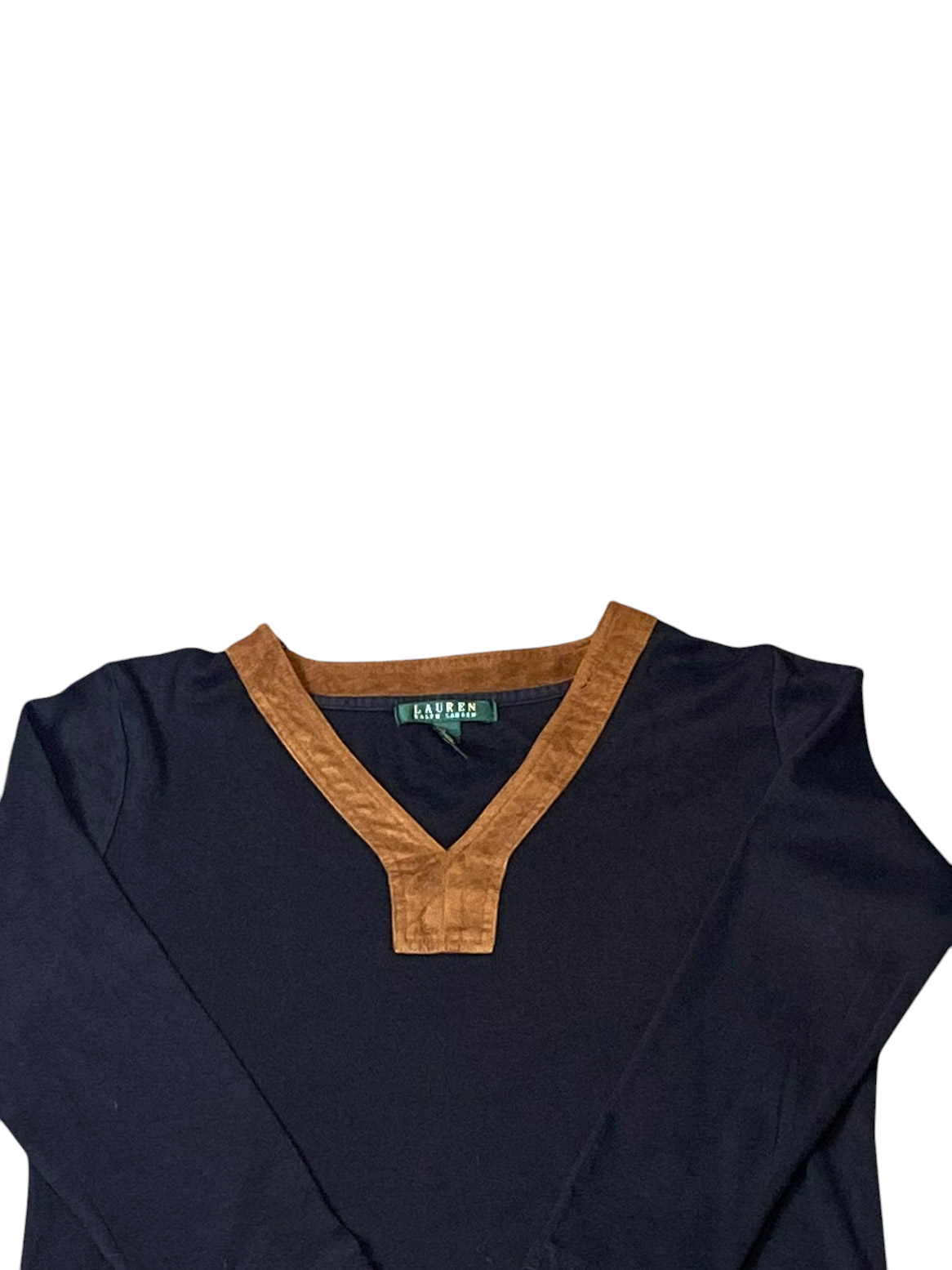 Ralph Lauren Trim Top Womens Small Black Faux Suede V Neck 3/4 Sleeves Pullover
