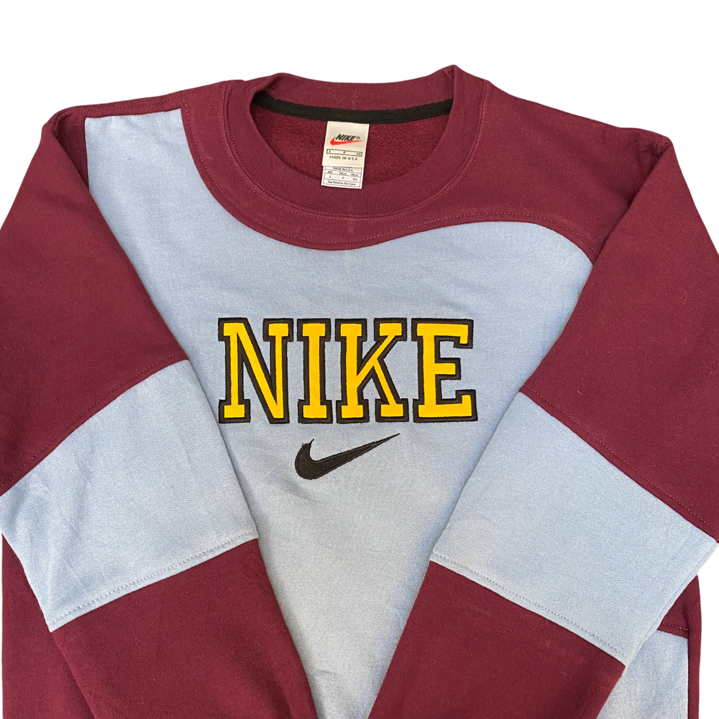 Nike Reworked Sweatshirt Mens Small Red Blue Embroidered Spell Out Logo Y2K