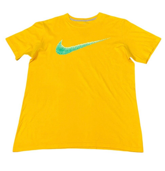 Nike T-Shirt Men's L Yellow 100% Cotton Logo Short Sleeve Regular Fit Pullover