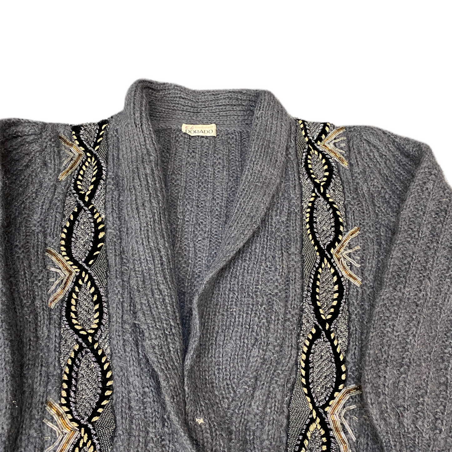 Eldorado Cardigan Jumper Womens L Grey Embroidered Knit Shawl Collar Snap Button