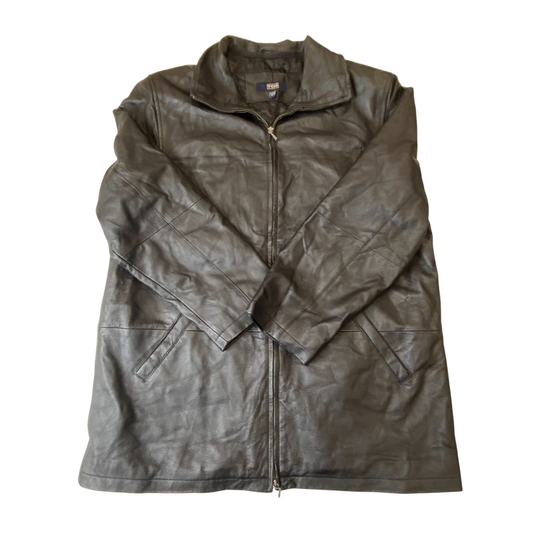 TCM Leather Jacket Mens Small Black Quilted Lined Long Sleeve Collared Full Zip