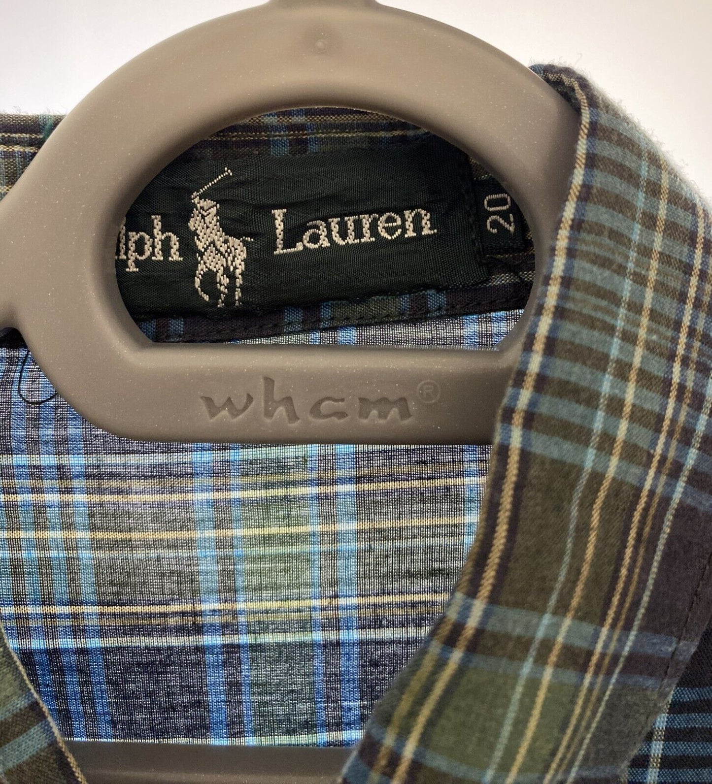 Ralph Lauren Dress Shirt Mens XL Blue Greenish Plaid Small Brown Polo Pony Logo