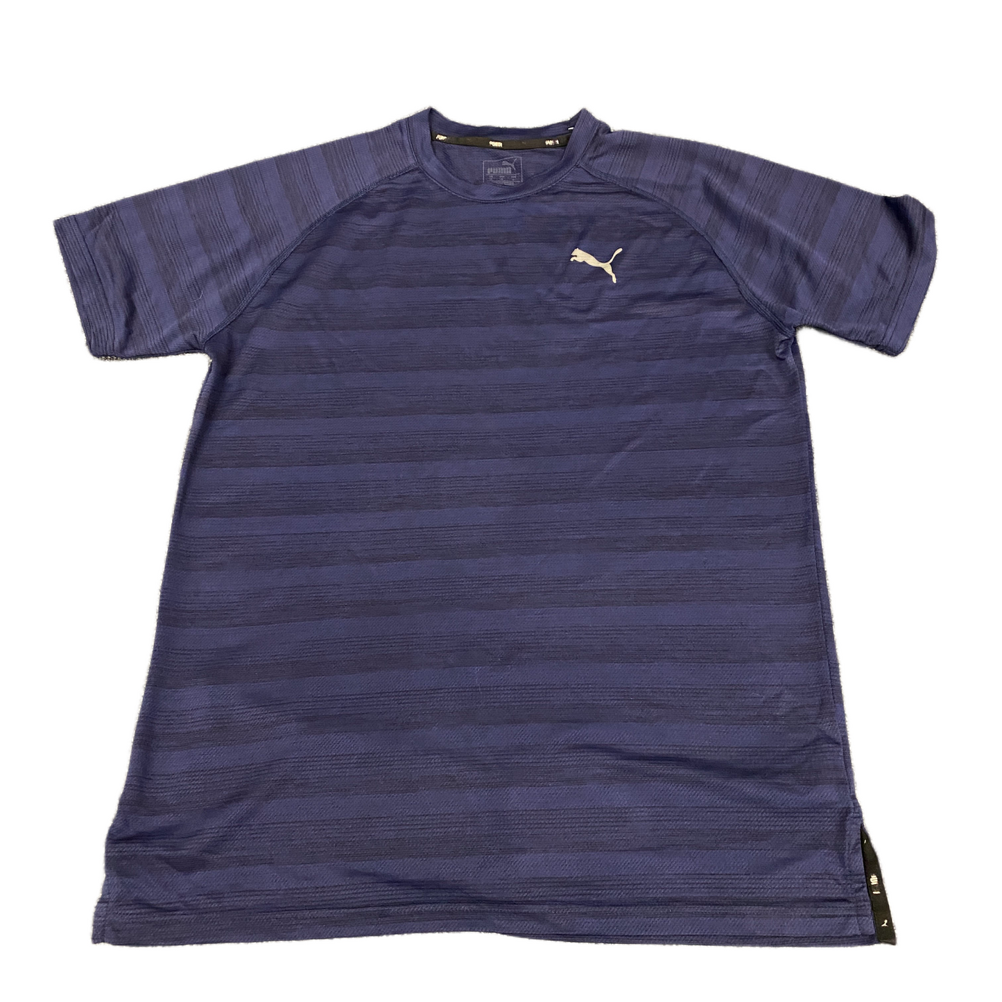 PUMA T-Shirt Mens Medium Purple Stripes Short Sleeve Crew Neck Pullover Tee