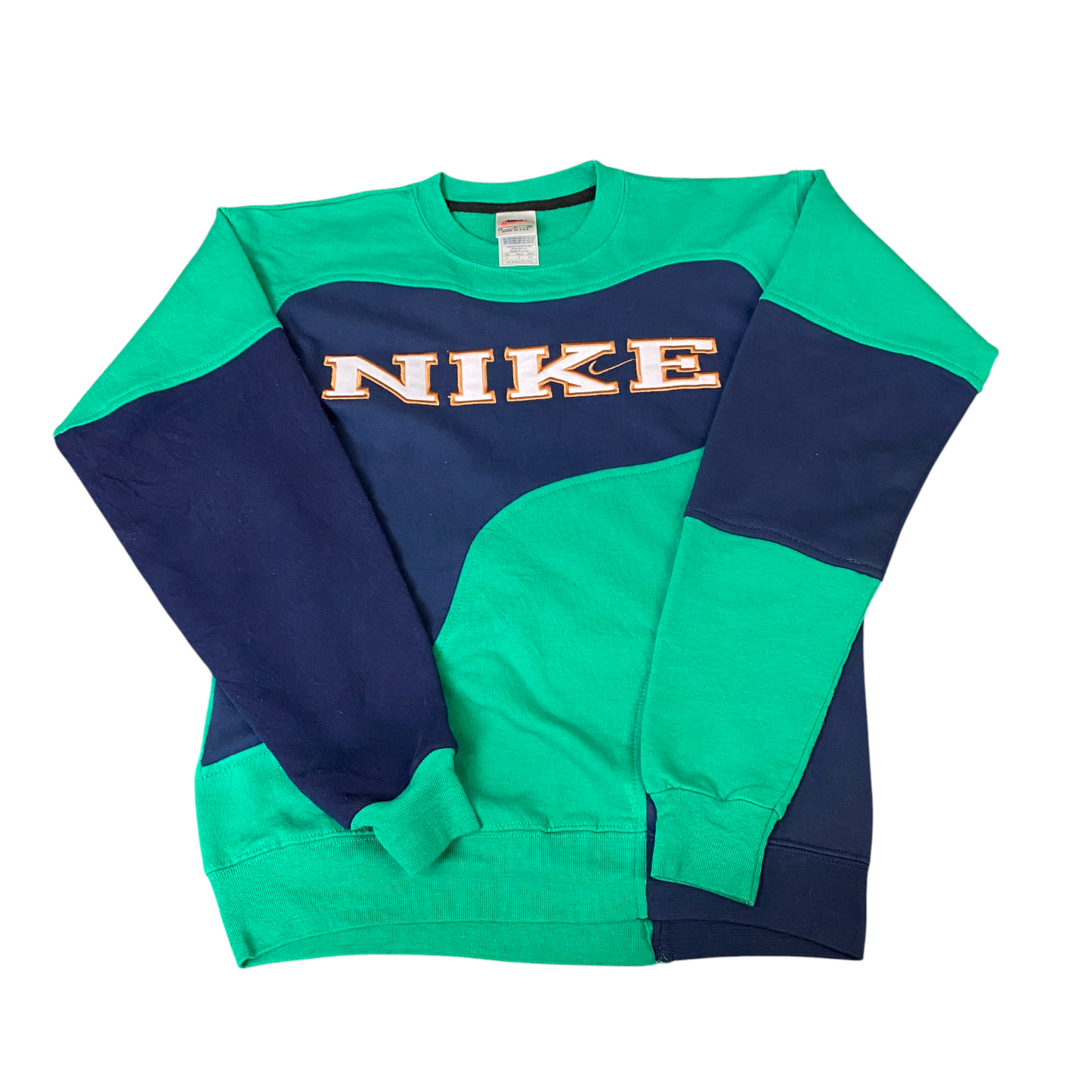 Nike Reworked Sweatshirt Mens Small Navy Green Embroidered Spellout Logo Vtg Y2K