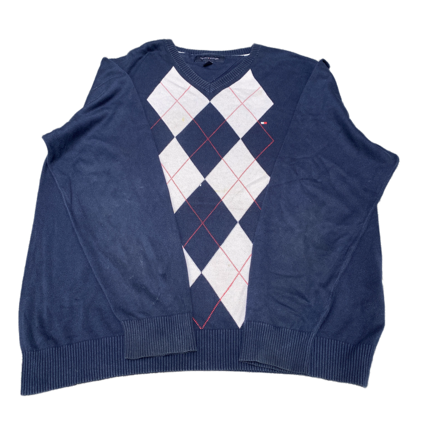 Tommy Hilfiger Jumper Mens Large Blue Argyle Diamond Embroidered V Neck Pullover
