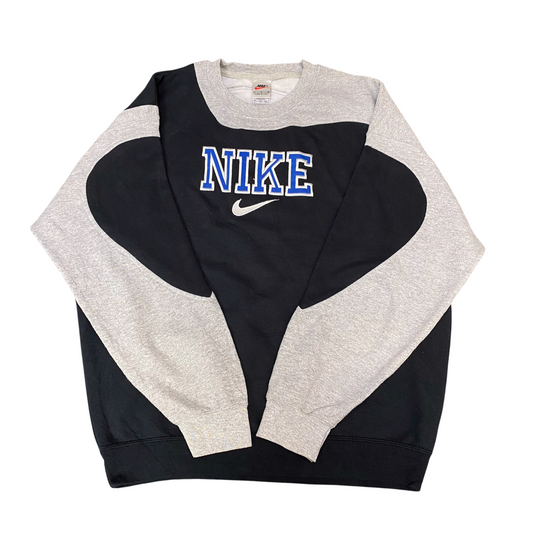 Nike Reworked Sweatshirt Mens Large Black Grey Embroidered Spellout Logo Vtg Y2K