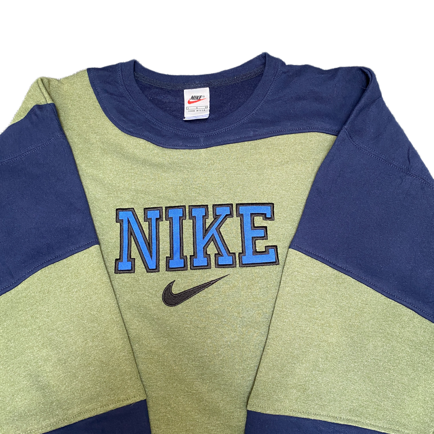 Nike Reworked Sweatshirt Mens L Navy Green Embroidered Spellout Logo Vintage Y2K