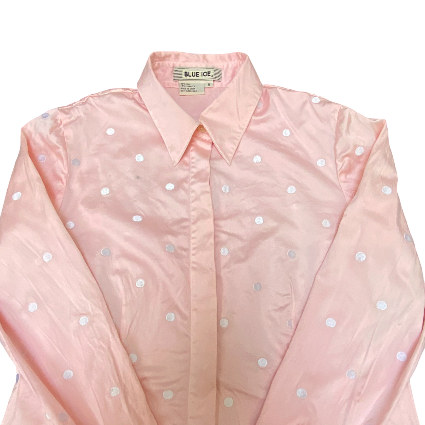 Blue Ice Shirt Top Womens M Pink Polka Dot Satin Silk Long Sleeve Button Down