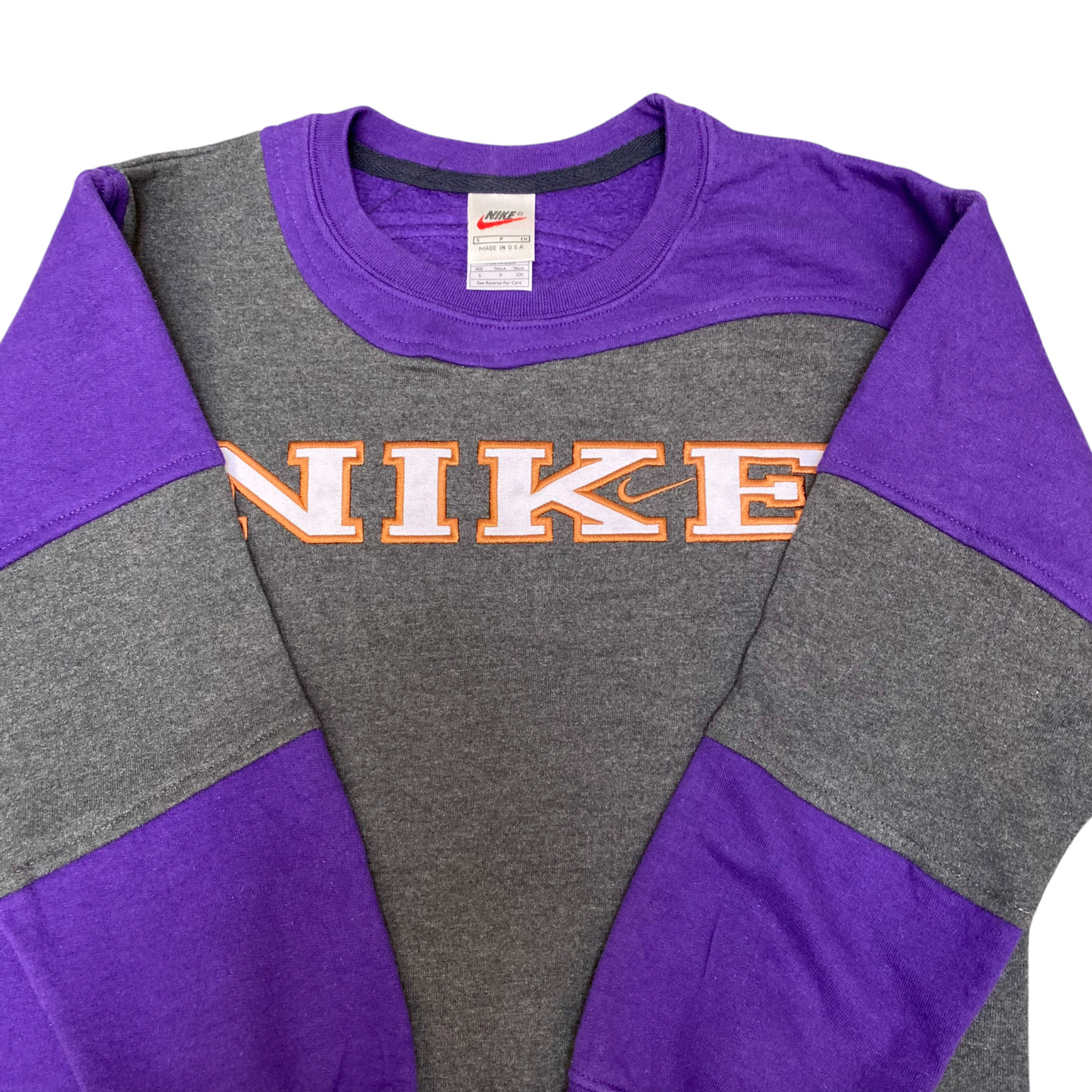 Nike Reworked Sweatshirt Mens Small Purple Grey Embroidered Spell Out Logo Y2K