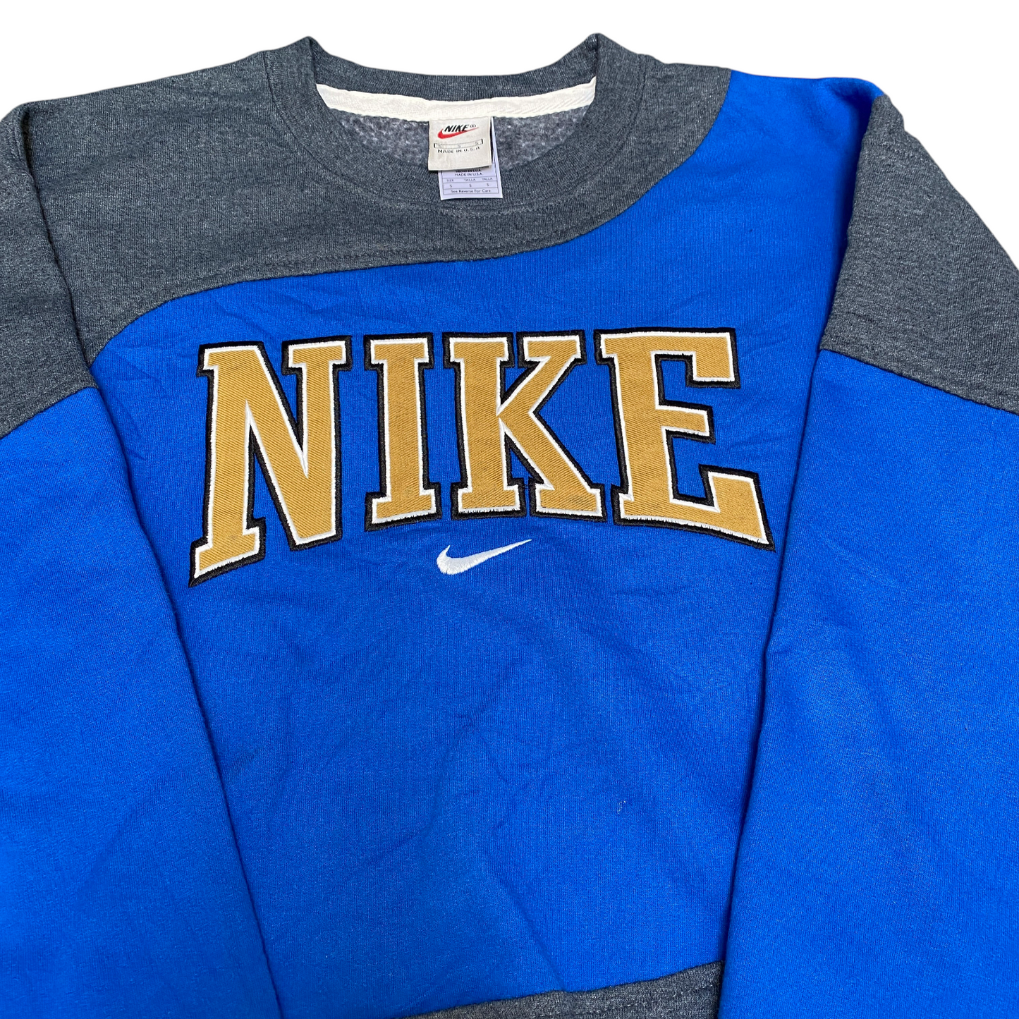Nike Reworked Sweatshirt Mens Small Blue Grey Embroidered Spellout Logo Vtg Y2K