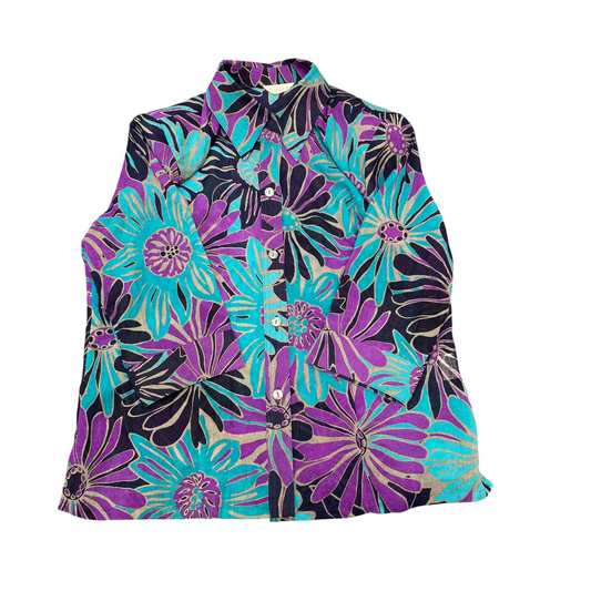 Women Shirt Top M Multi Floral Half Sleeve Collared Classic Outdoor Button Down