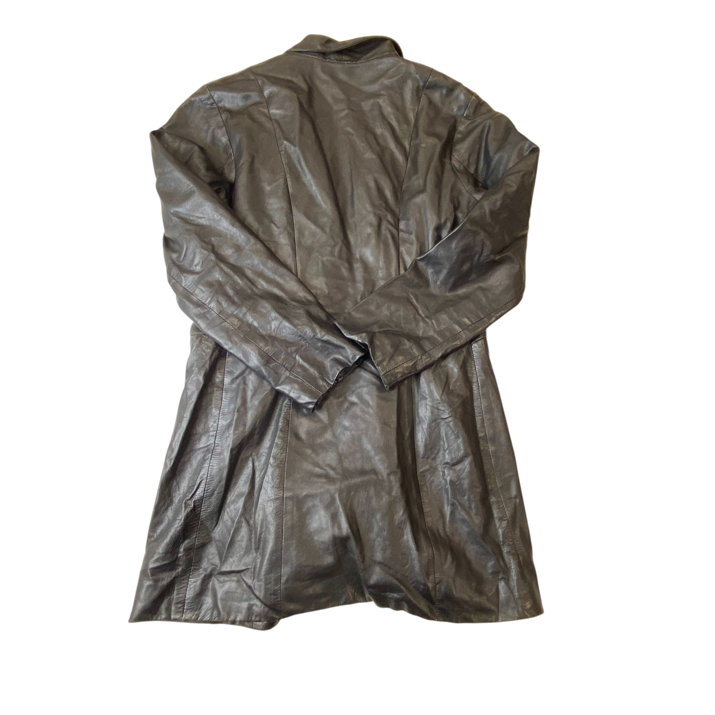 Womens Leather Trench Coat Medium Black Long Sleeve Notch Lapel Double Breasted