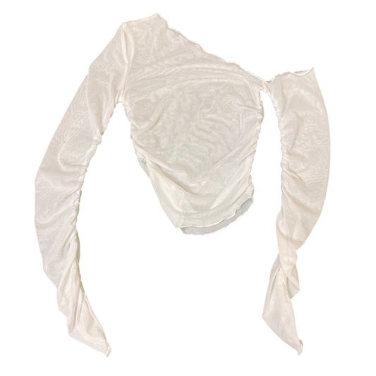 Blouse Top Womens S White Sheer Mesh Solid One Shoulder Long Sleeve Pullover