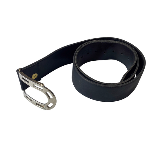 Mens Western Belt Black Leather Silver Horseshoe Buckle Casual Strap Size 43 in