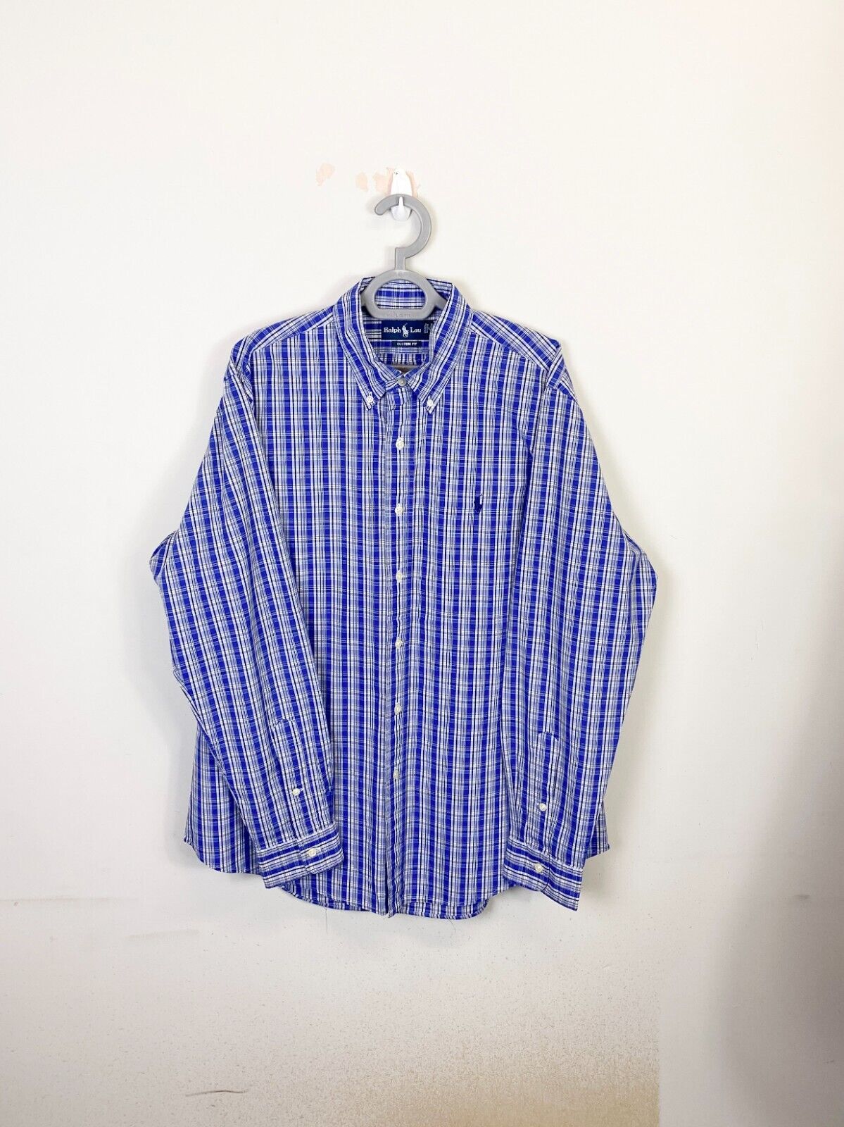 Ralph Lauren Shirt Men XL Blue Plaid Custom Fit Long Sleeve Small Blue Pony Logo