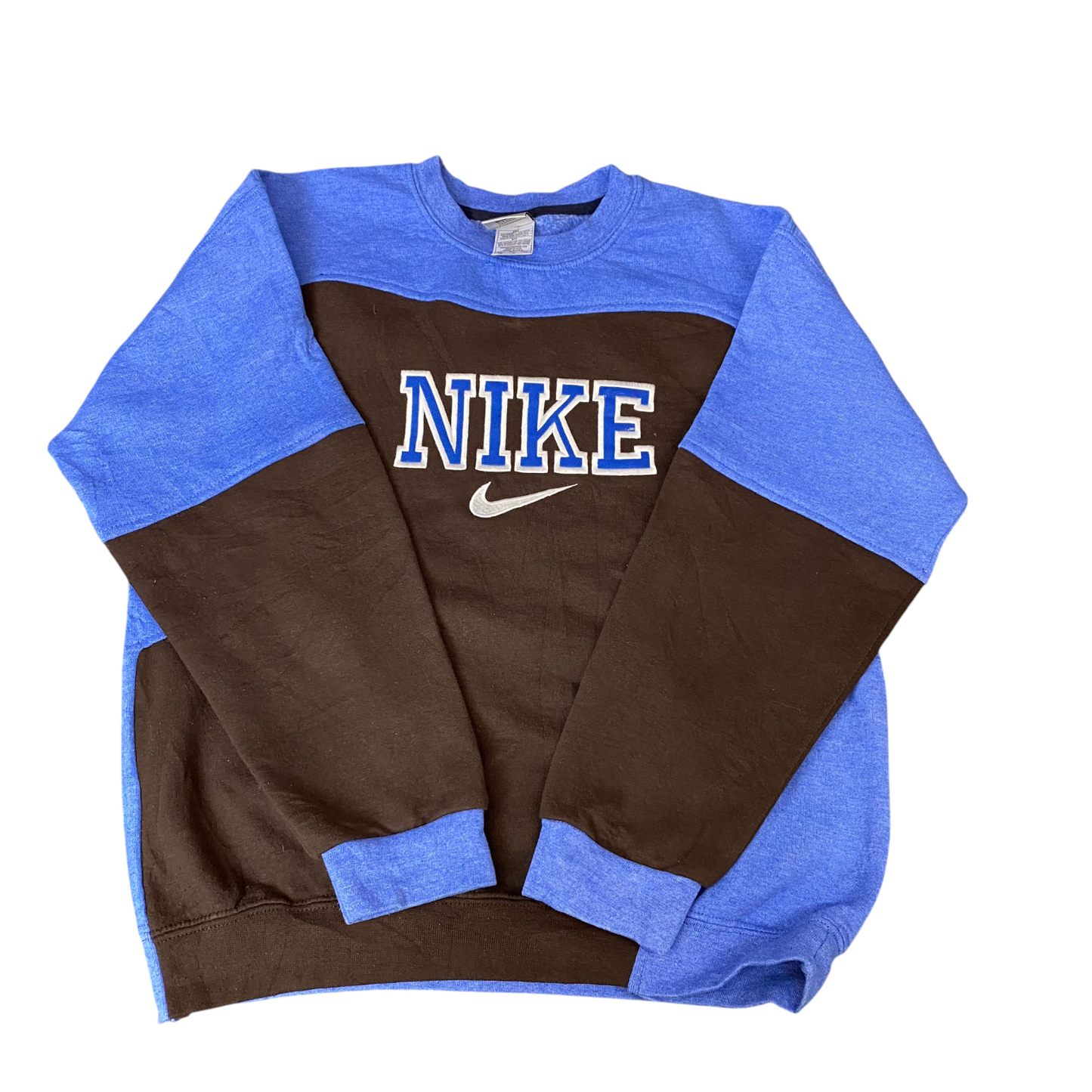 Nike Reworked Sweatshirt Mens M Brown Blue Embroidered Spellout Logo Vintage Y2K