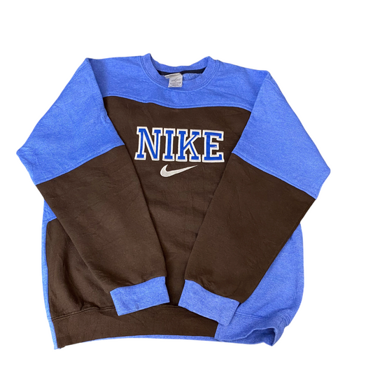 Nike Reworked Sweatshirt Mens M Brown Blue Embroidered Spellout Logo Vintage Y2K