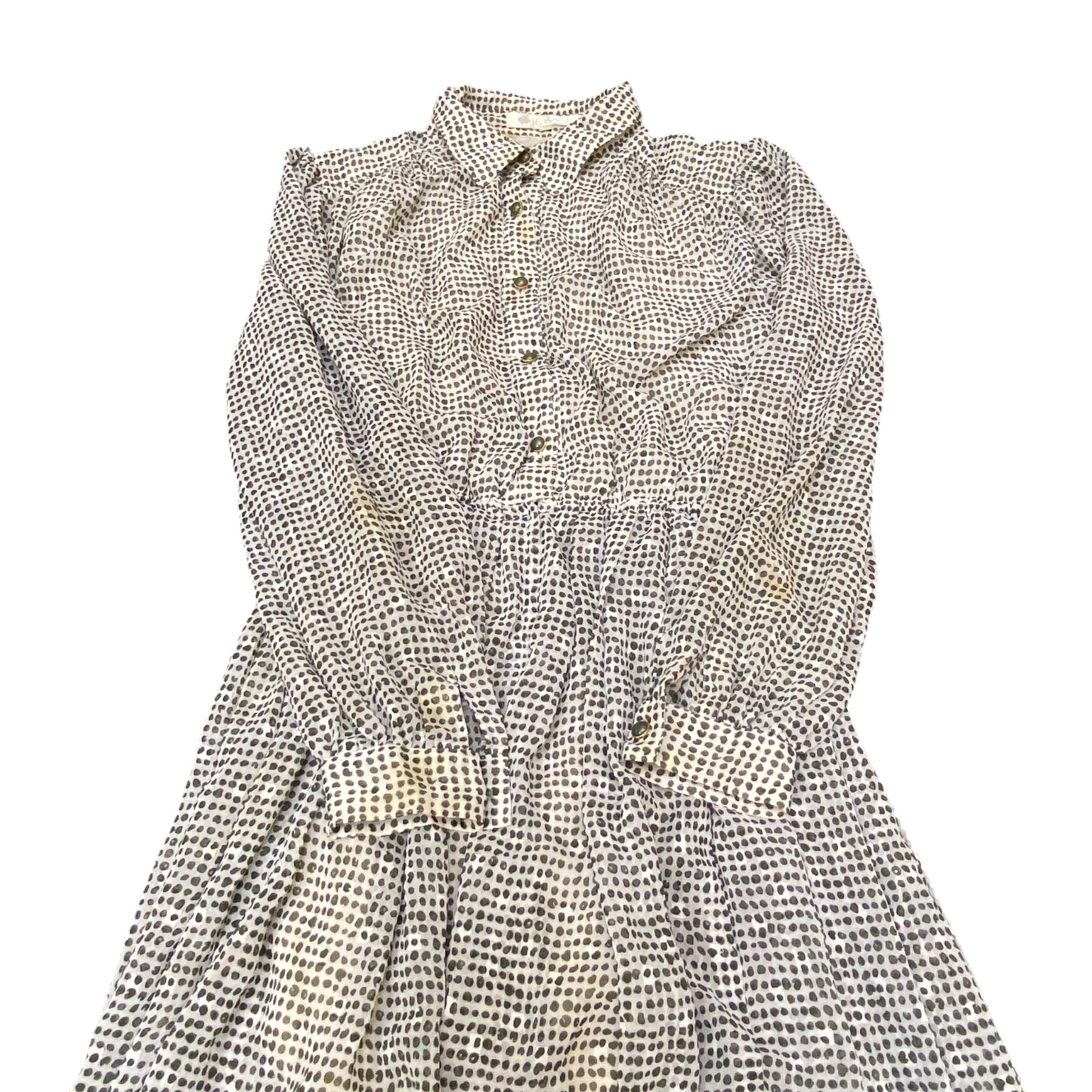 Rosace A-Line Dress Womens S White Green Polka Dot Pleated Long Sleeve Collared